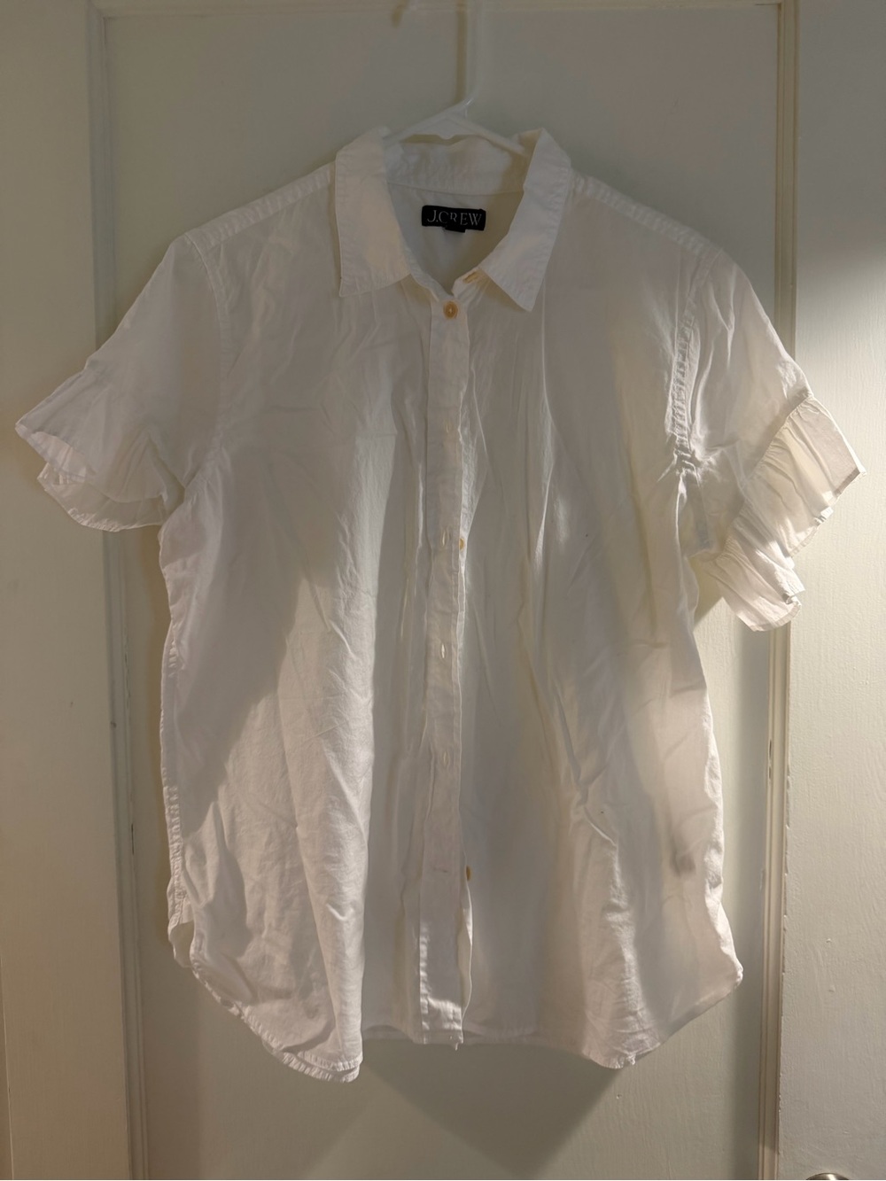 J. Crew White Short Sleeve Ruffled Button-Down Shirt